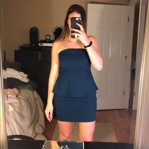 dark teal strapless mini dress